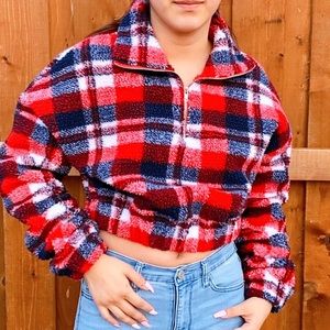 Zaful cropped plaid sherpa pullover